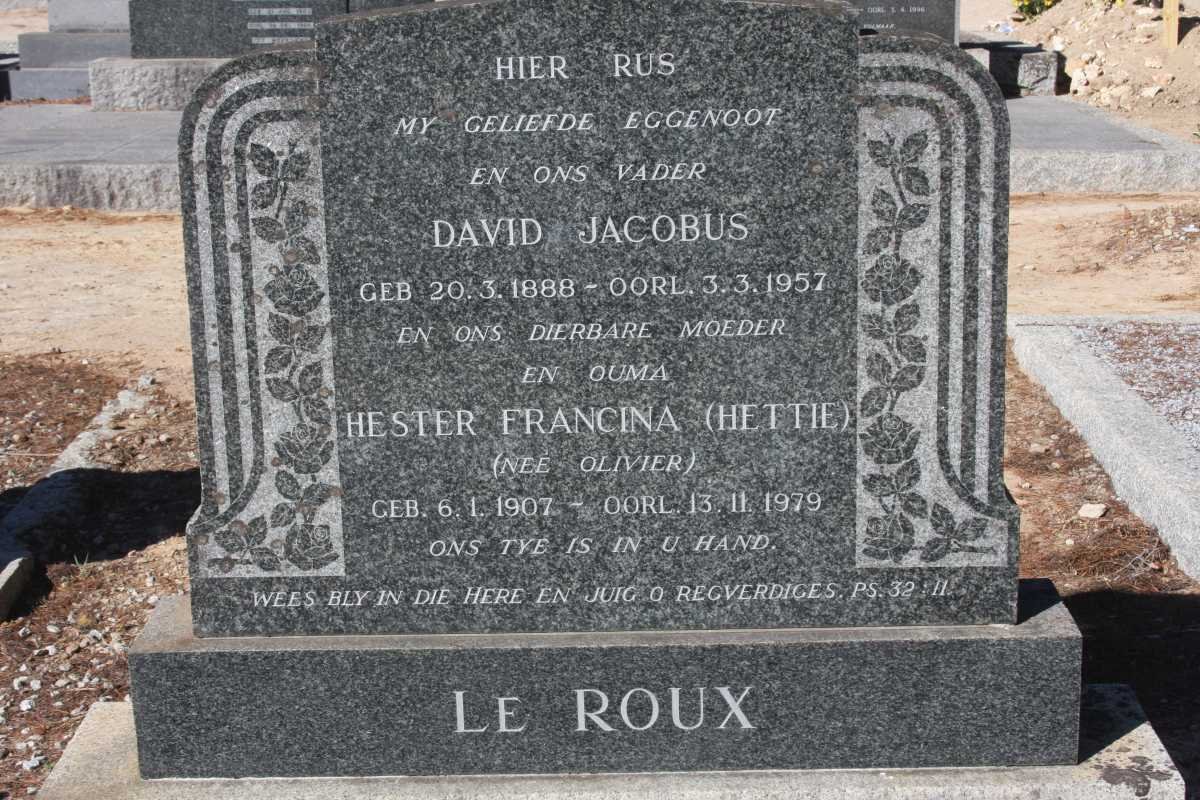 ROUX David Jacobus, le 1888-1957 &amp; Hester Francina OLIVIER 1907-1979
