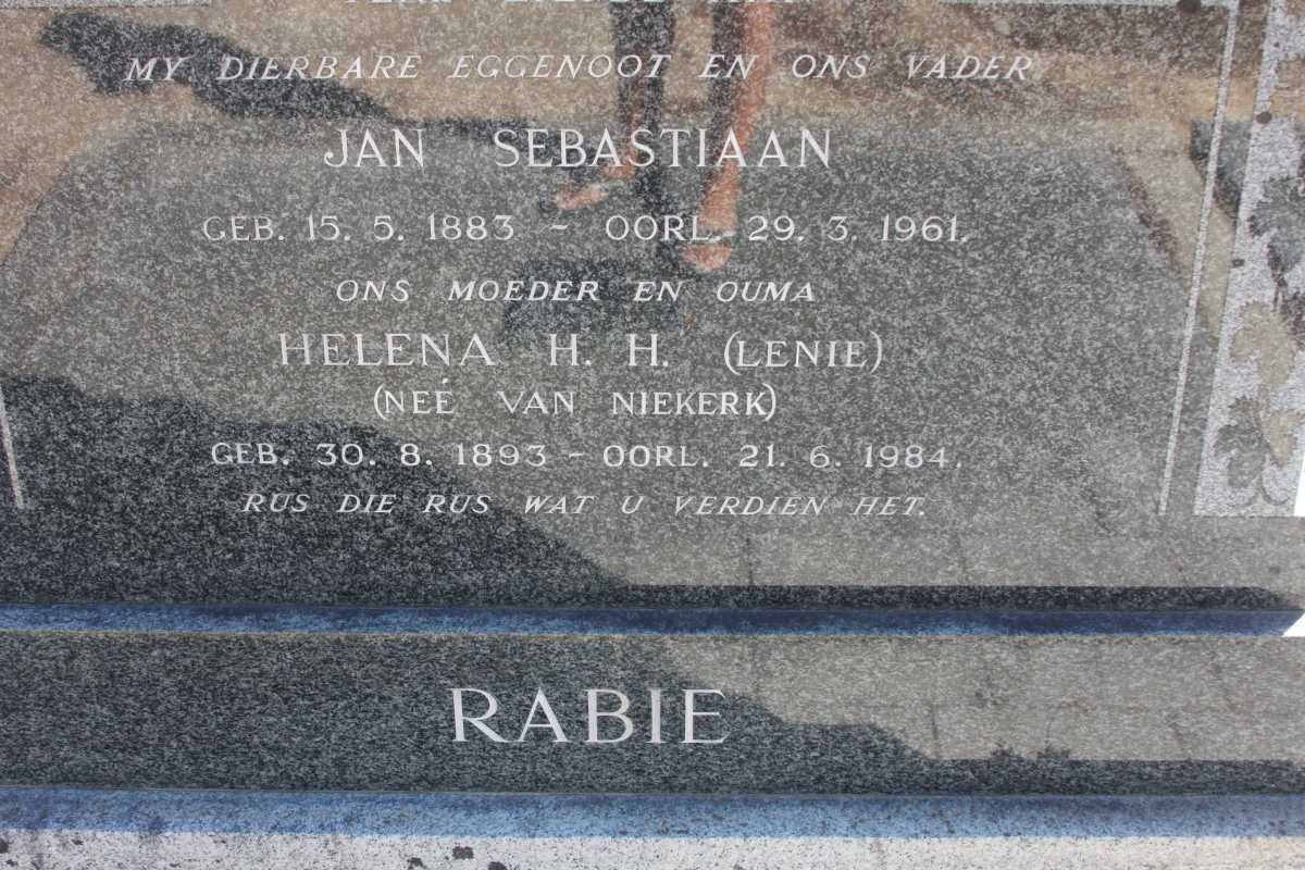 RABIE Jan Sebastiaan 1883-1961 &amp; Helena H.H. VAN NIEKERK 1893-1984