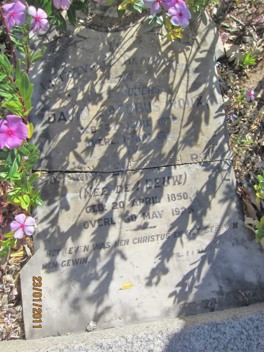 ROUX David Jacobus 1839-1921 &amp; Susanna Elizabeth DE LEEUW 1850-1925