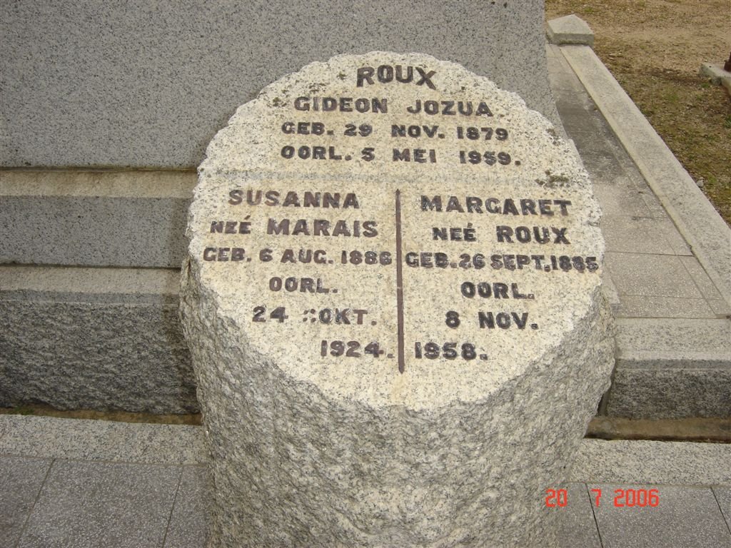ROUX Gideon Jozua 1879-1959 &amp; Susanna MARAIS 1886-1924 :: ROUX Margaret 1885-1958
