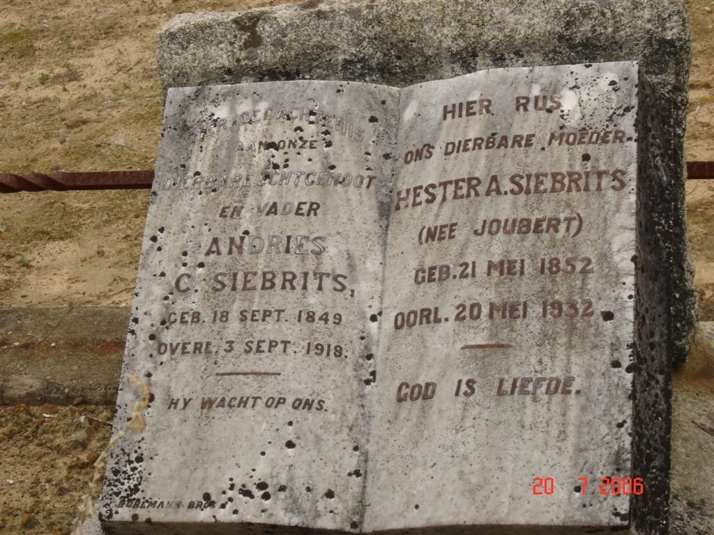 SIEBRITS Andries 1849-1918 &amp;  Hester A. JOUBERT 1852-1932