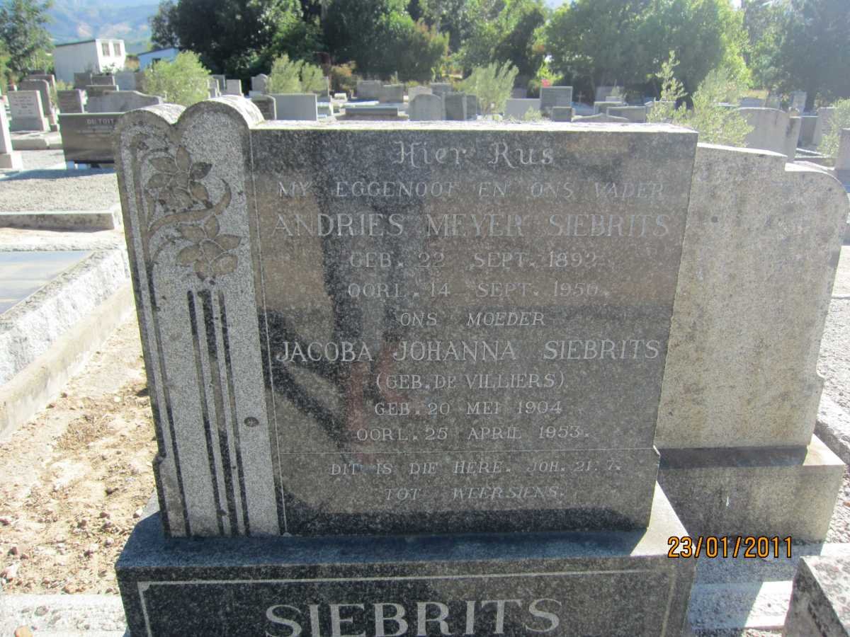 SIEBRITS Andries Meyer 1892-1950 &amp; Jacoba Johanna DE VILLIERS 1904-1953