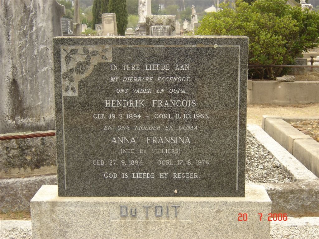 TOIT Hendrik Francois, du 1894-1963 &amp; Anna Fransina DE VILLIERS 1894-1976