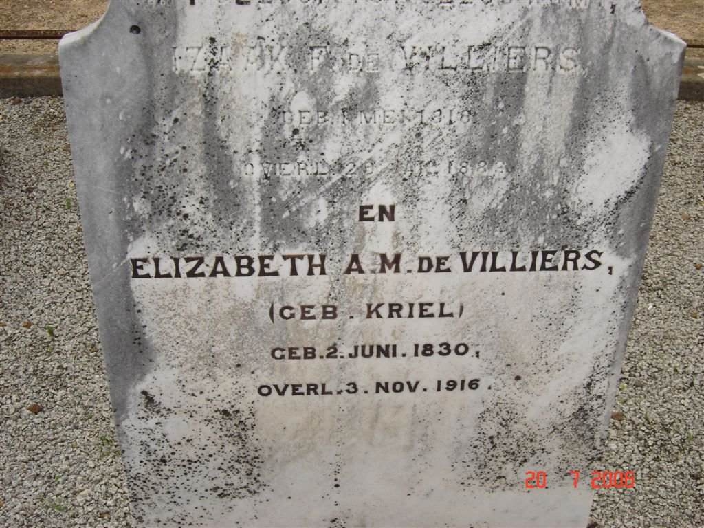 VILLIERS Izaak F., de 1818-1882 &amp; Elizabeth A.M. KRIEL 1830-1916