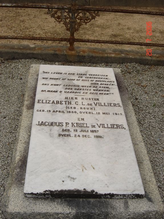 VILLIERS Jacobus P. Kriel, de 1857-1906 &amp; Elizabeth C.L. ROUX 1860-1915