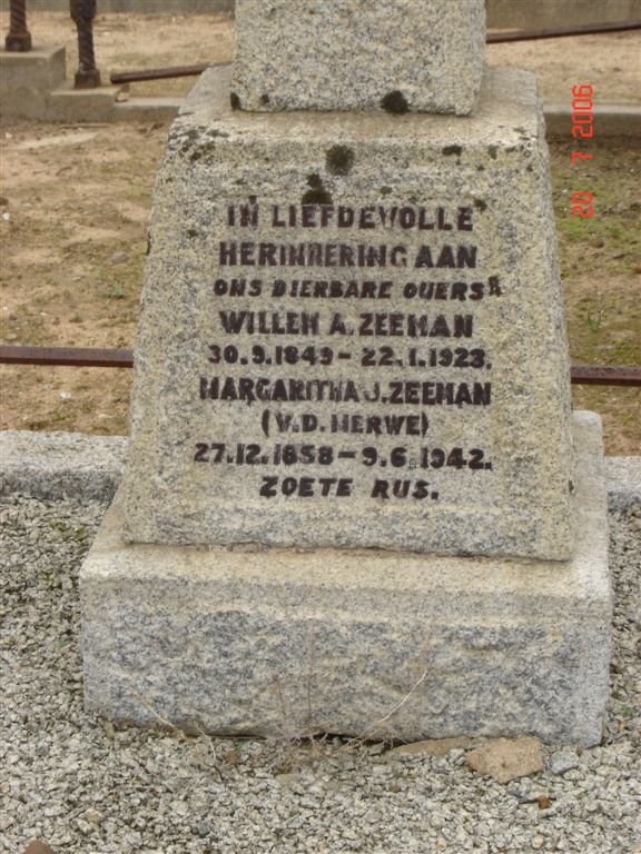 ZEEMAN Willem A. 1849-1923  &amp;  Margaritha J. V.D. MERWE 1858-1942