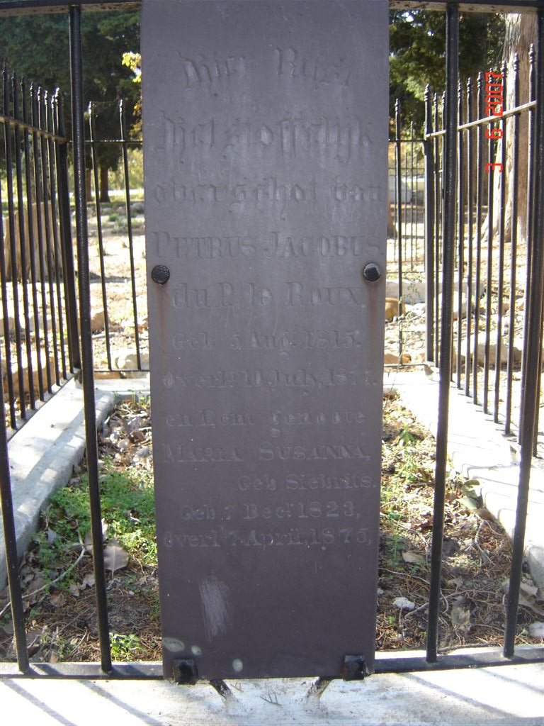 ROUX Petrus Jacobus du P., le 1815-1877 &amp; Maria Susanna SIEBRITS 1823-1875