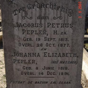 PEPLER Jacobus Petrus 1813-1877 &amp; Johanna Elizabeth HASSNER 1818-1891