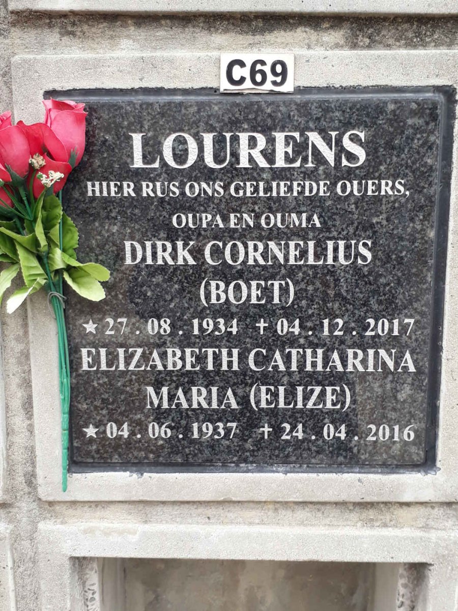 LOURENS Dirk Cornelius 1934-2017 &amp; Elizabeth Catharina Maria 1937-2016