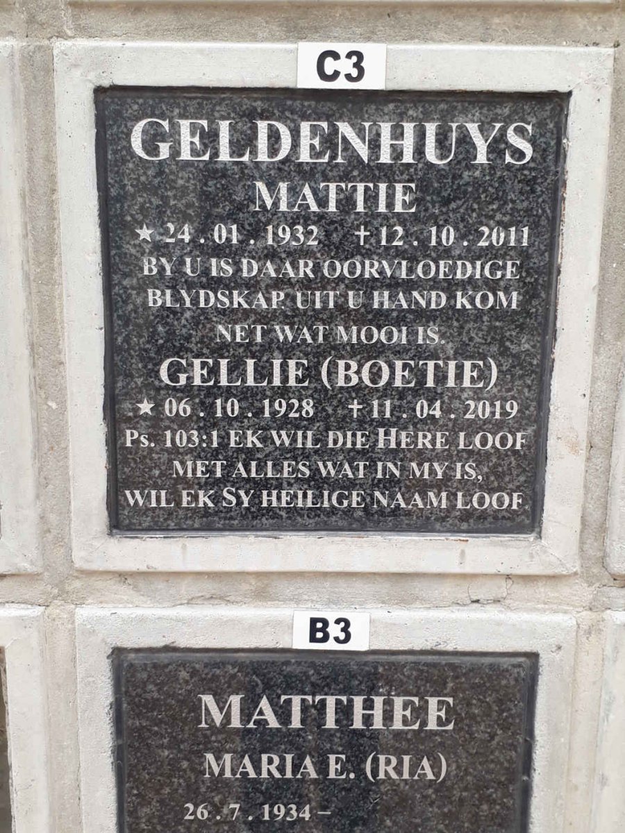 GELDENHUYS Gellie 1928-2019 :: GELDENHUYS Mattie 1932-2011