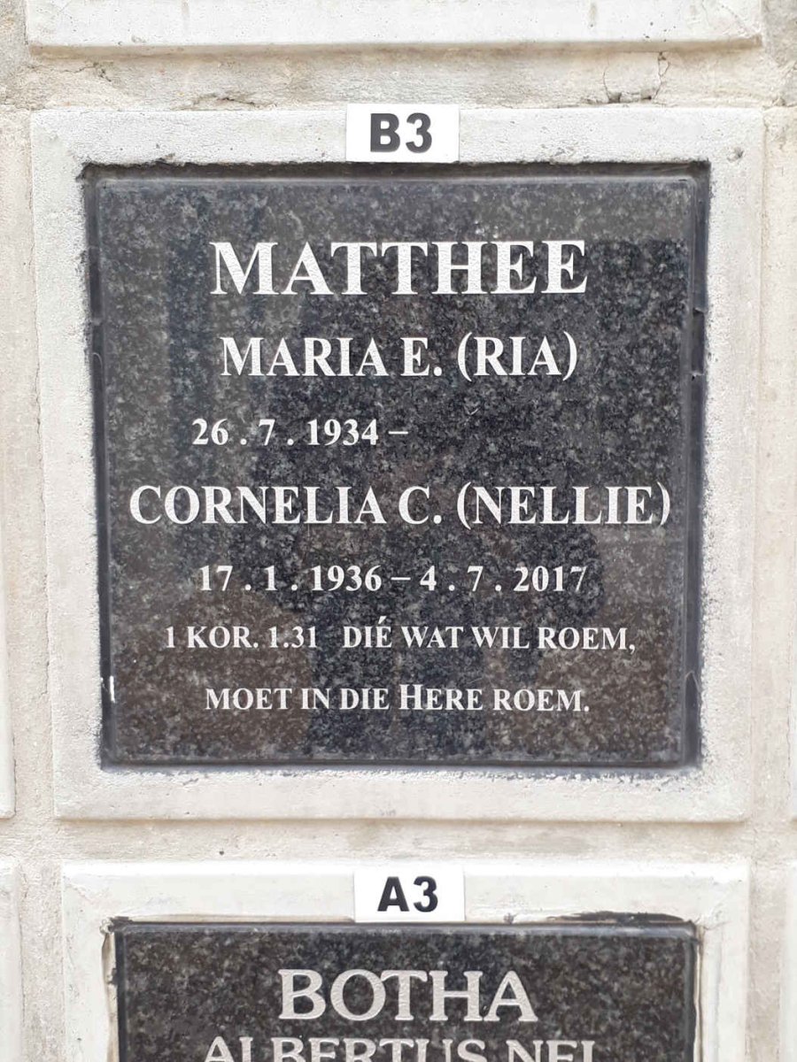 MATTHEE Maria E. 1934-  :: MATTHEE Cornelia C. 1936-2017