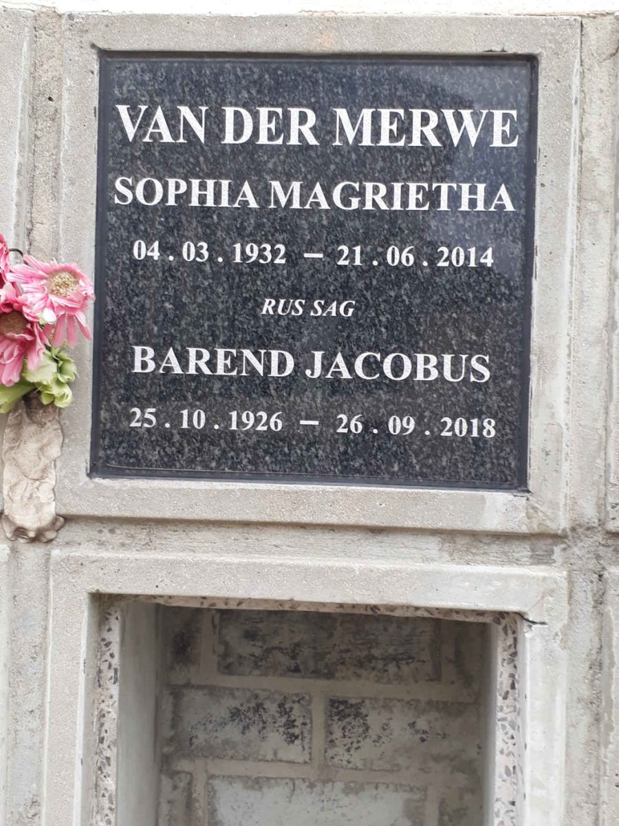 MERWE Barend Jacobus, van der 1926-2018 &amp; Sophia Magrietha 1932-2014