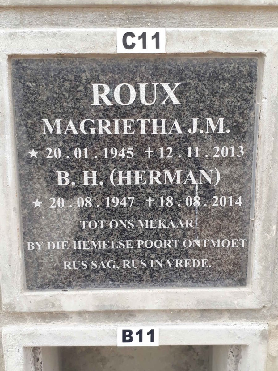 ROUX B.H. 1947-2014 &amp; Magrietha J.M. 1945-2013