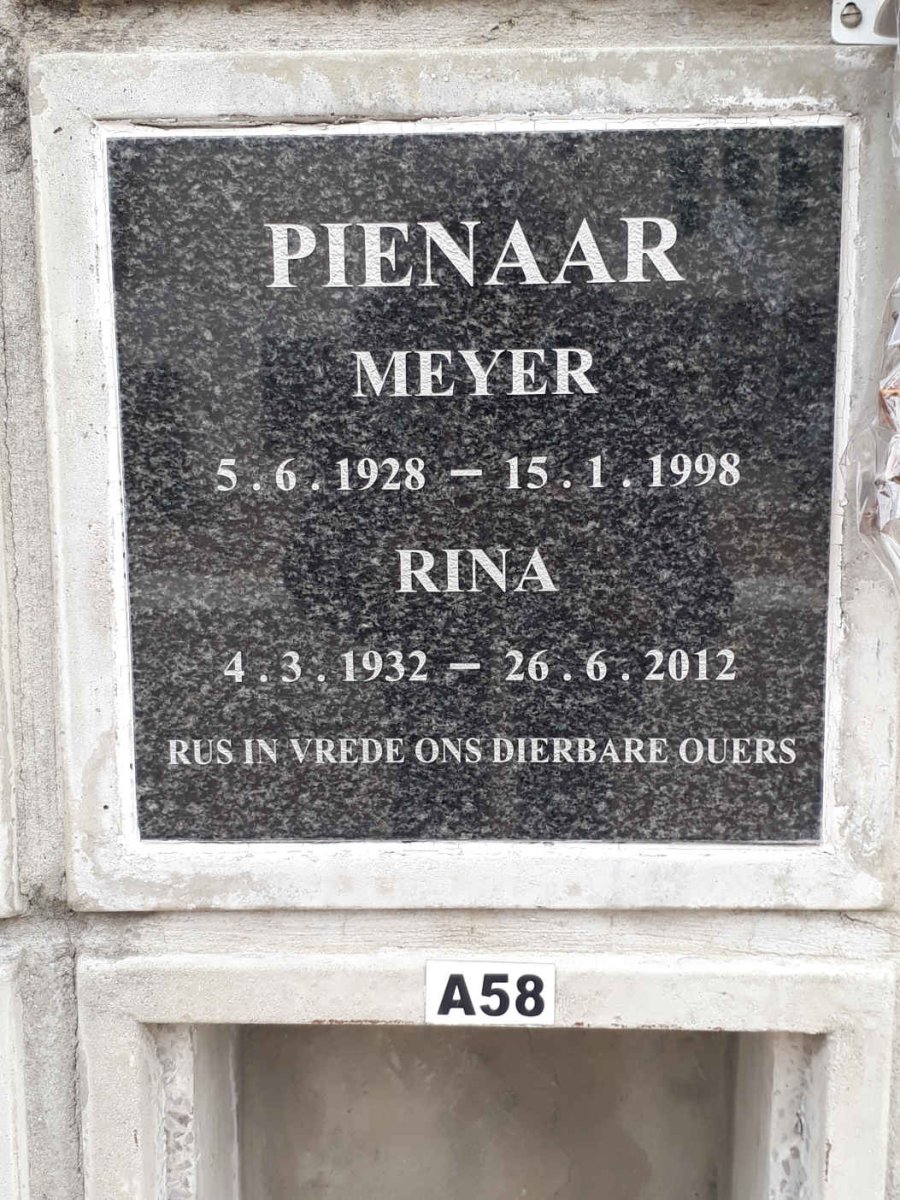 PIENAAR Meyer 1928-1998 &amp; Rina 1932-2012