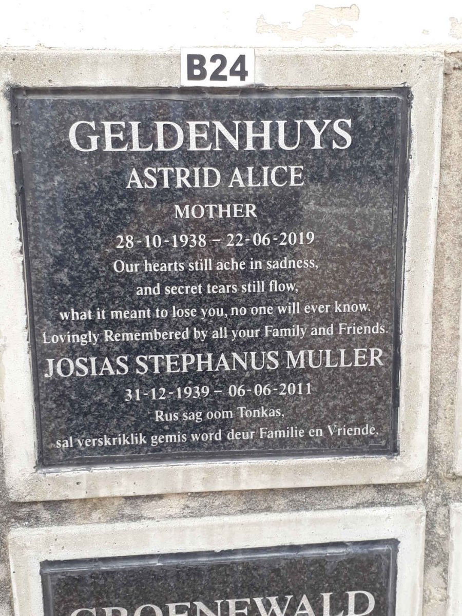 GELDENHUYS Astrid Alice 1938-2019 :: MULLER Josias Stephanus 1939-2011