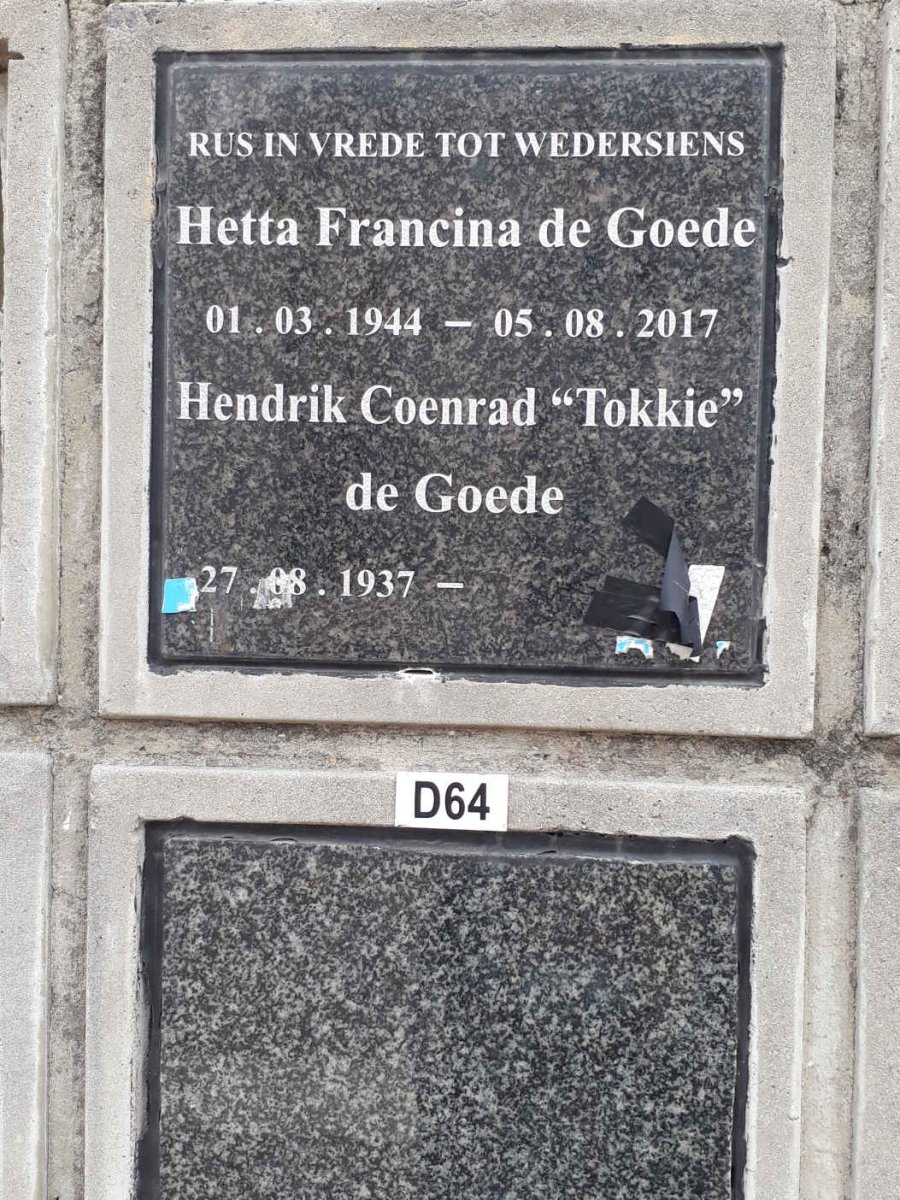 GOEDE Hendrik Coenrad, de 1937- &amp; Hetta Francina 1944-2017