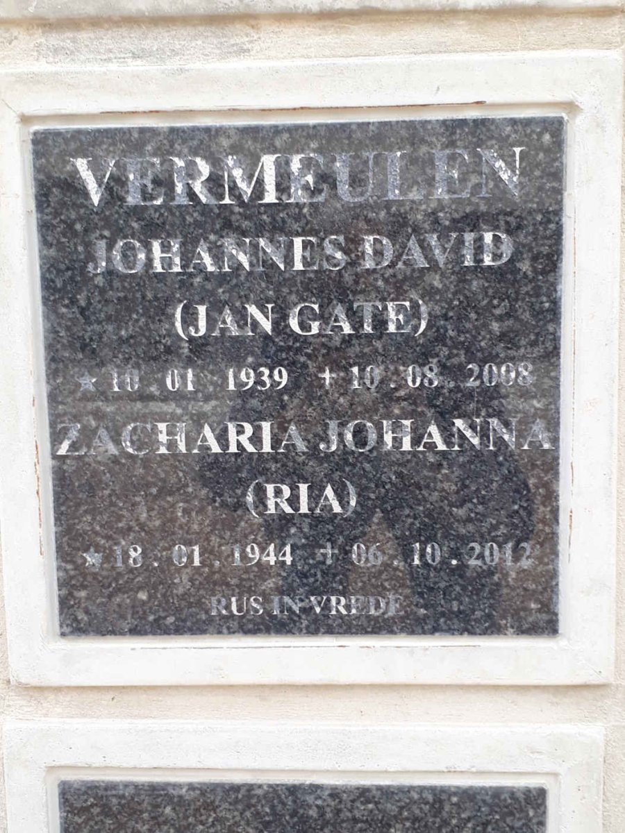 VERMEULEN Johannes David 1939-2008 &amp; Zacharia Johanna 1944-2012