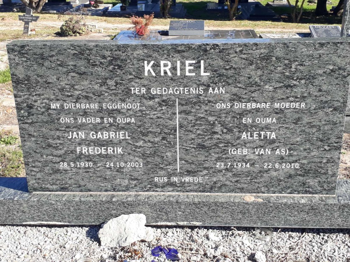 KRIEL Jan Gabriel Frederik 1930-2003 &amp; Aletta VAN AS 1934-2010