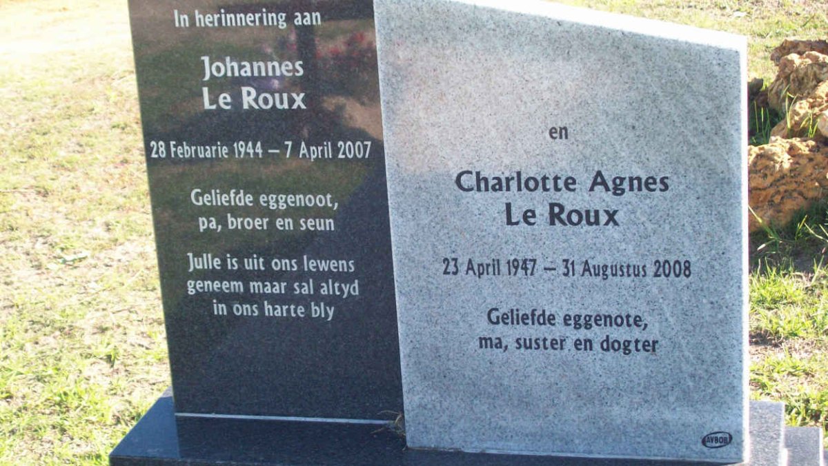 ROUX Johannes, le 1944-2007 &amp; Charlotte Agnes 1947-2008