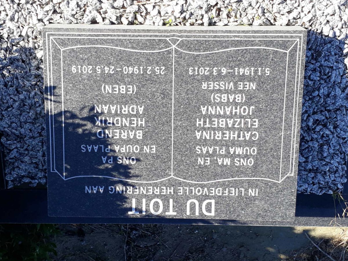 TOIT Barend Hendrik Adriaan, du 1940-2019 &amp; Catherina Elizabeth Johanna VISSER 1941-2013