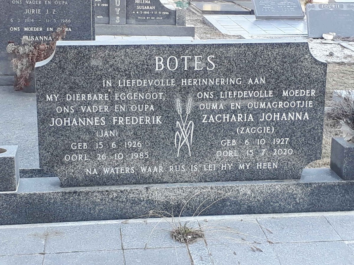 BOTES Johannes Frederik 1926-1985 &amp; Zacharia Johanna 1927-2020