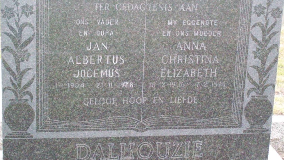 DALHOUZIE Jan Albertus Jogemus 1904-1978 &amp; Anna Christina Elizabeth 1906-1974