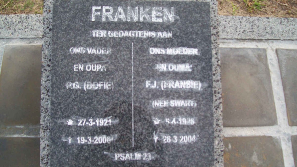 FRANKEN P.G. 1921-2000 &amp; F.J. nee SWART 1926-2004