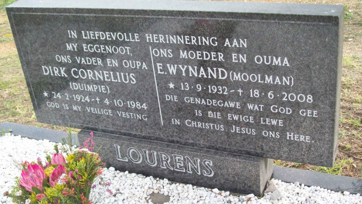 LOURENS Dirk Cornelius 1924-1984 &amp; E. Wynand nee MOOLMAN 1932-2008