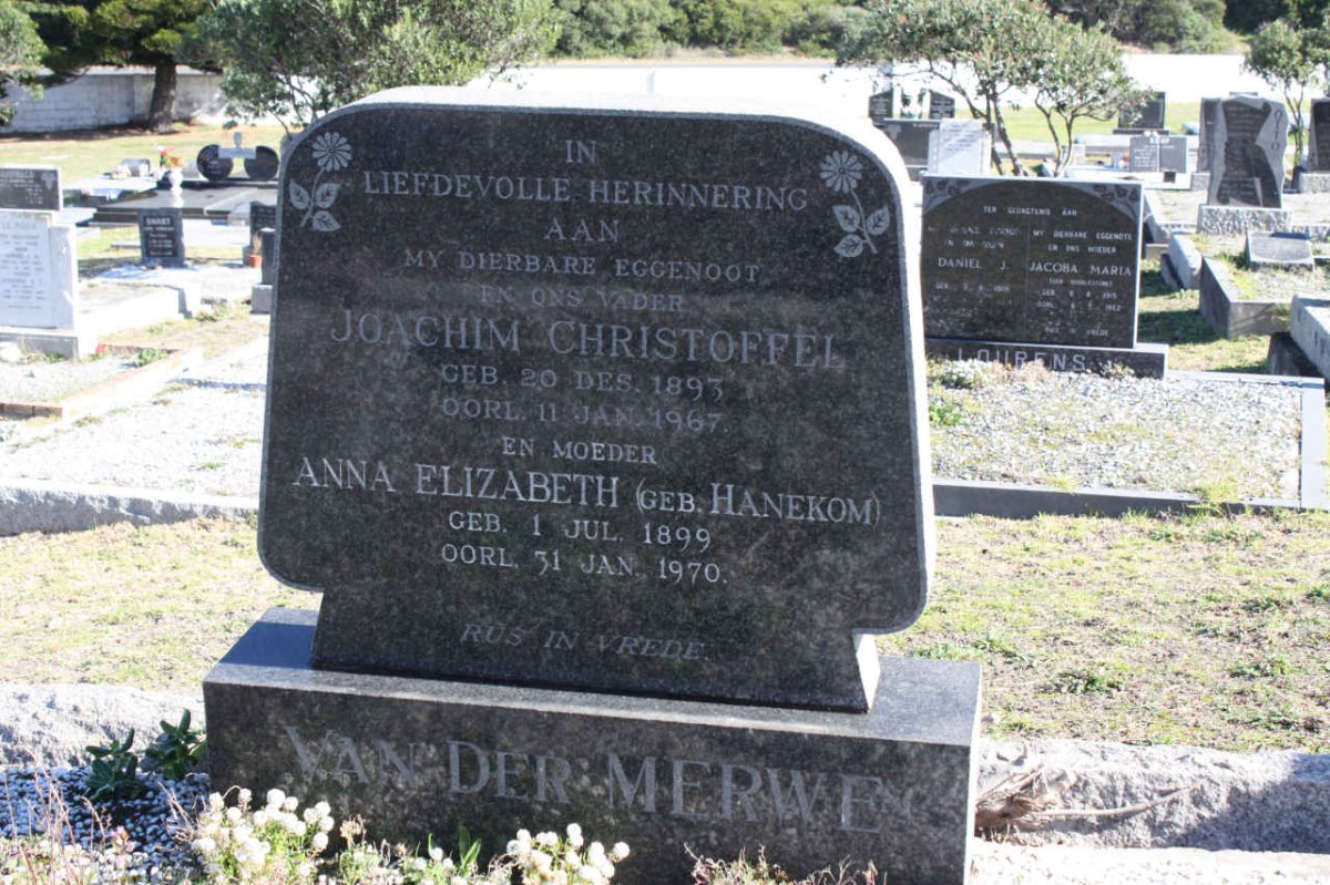 MERWE Joachim Christoffel, van der 1893-1967 &amp; Anna Elizabeth nee HANEKOM 1899-1970