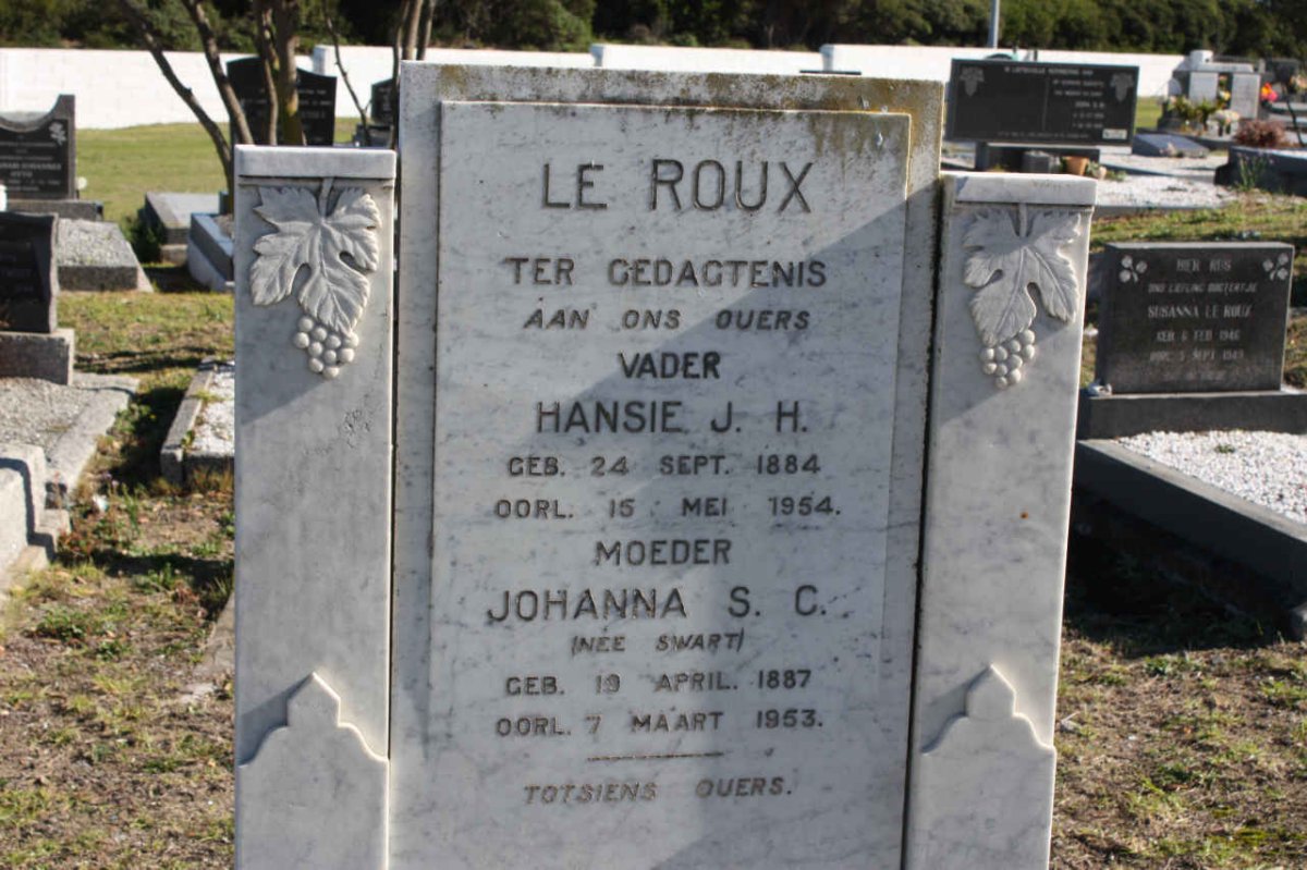 ROUX Hansie J.H., le 1884-1954 &amp; Johanna S.C. nee SWART 1887-1963