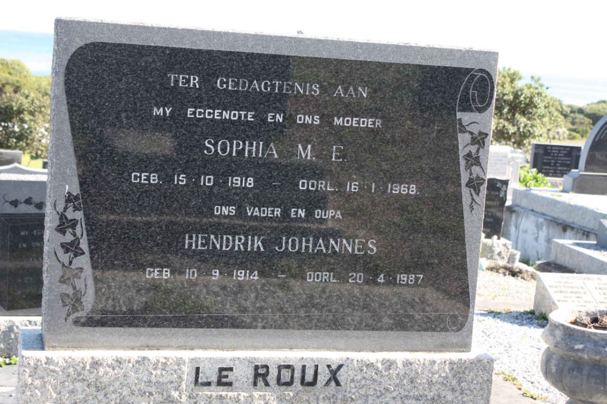 ROUX Hendrik Johannes, le 1914-1987 &amp; Sophia M.E. 1918-1968