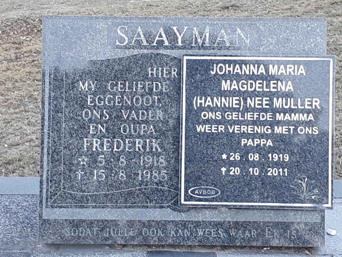 SAAYMAN Frederik 1918-1985 &amp; Johanna Maria Magdelena MULLER 1919-2011