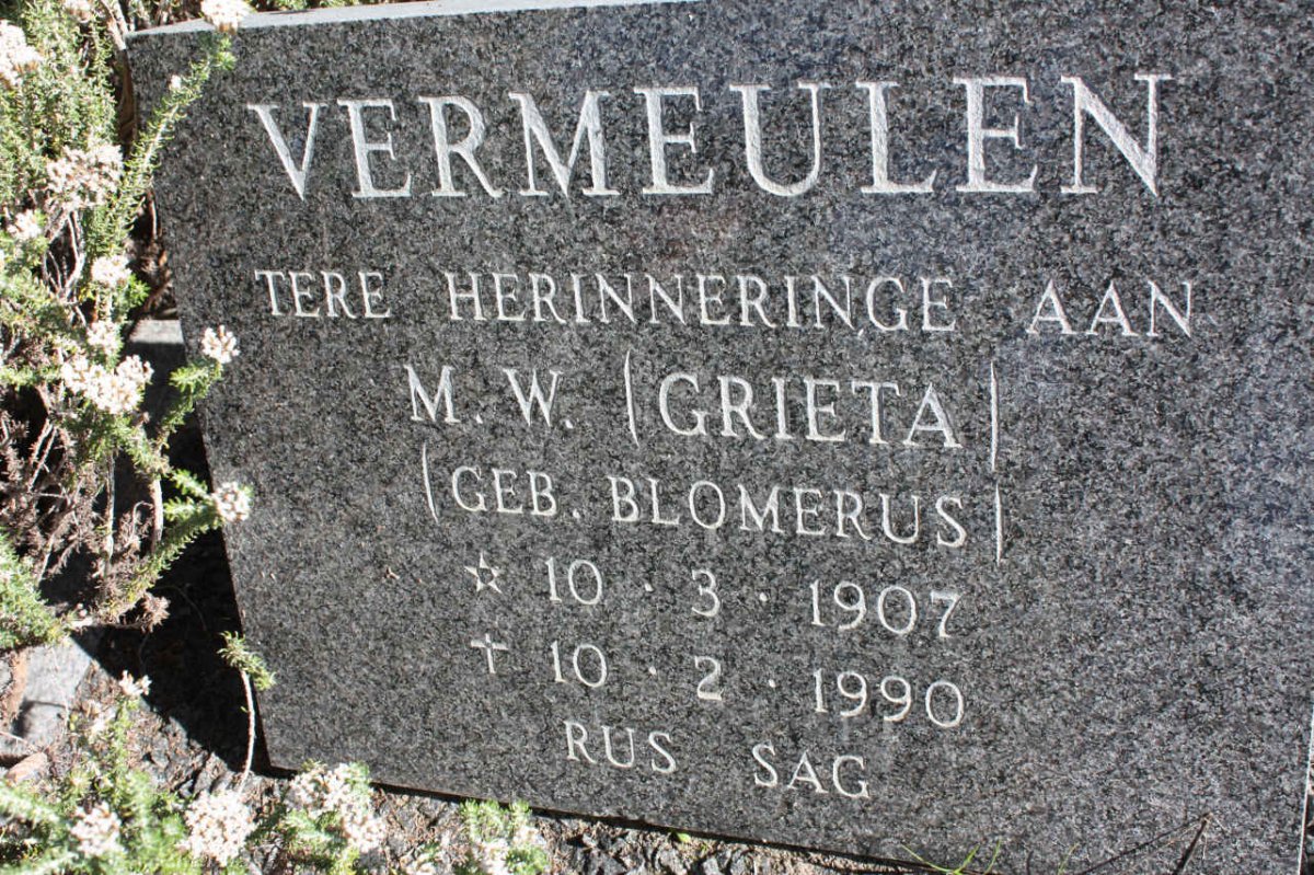 VERMEULEN M.W. nee BLOMERUS 1907-1990