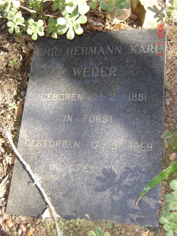 WEDER  Emil Hermann Karl 1881-1969