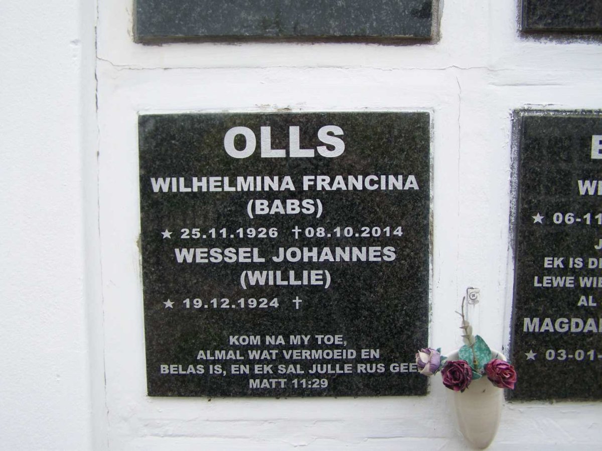 OLLS Wessel Johannes 1924- &amp; Wilhelmina Francina 1926-2014