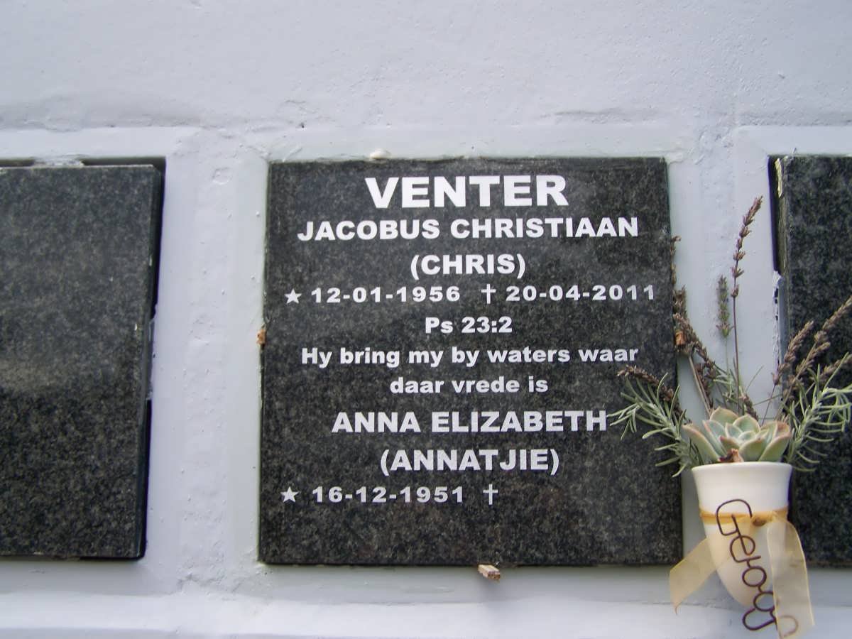 VENTER Jacobus Christiaan 1956-2011 &amp; Anna Elizabeth 1951-