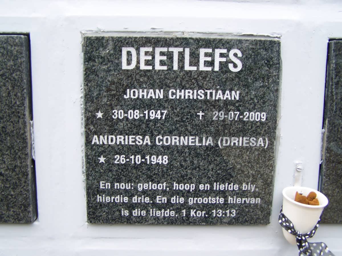 DEETLEFS Johan Christiaan 1947-2009 &amp; Andriesa Cornelia 1948-