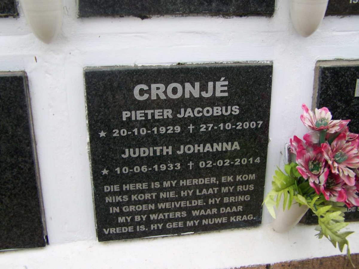CRONJE Pieter Jacobus 1929-2007 &amp; Judith Johanna 1933-2014