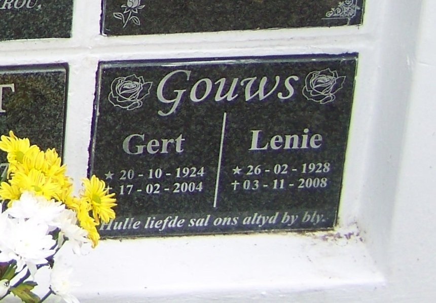 GOUWS Gert 1924-2004 &amp; Lenie 1928-2008