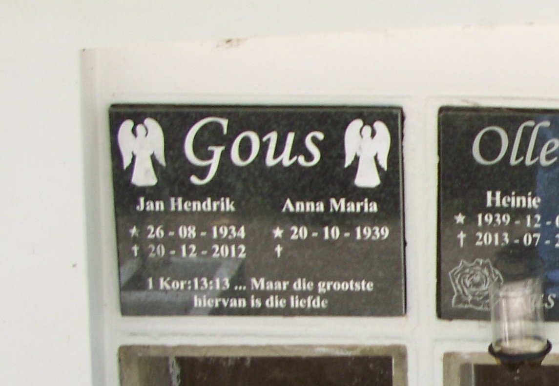 GOUS Jan Hendrik 1934-2012 &amp; Anna Maria 1939-