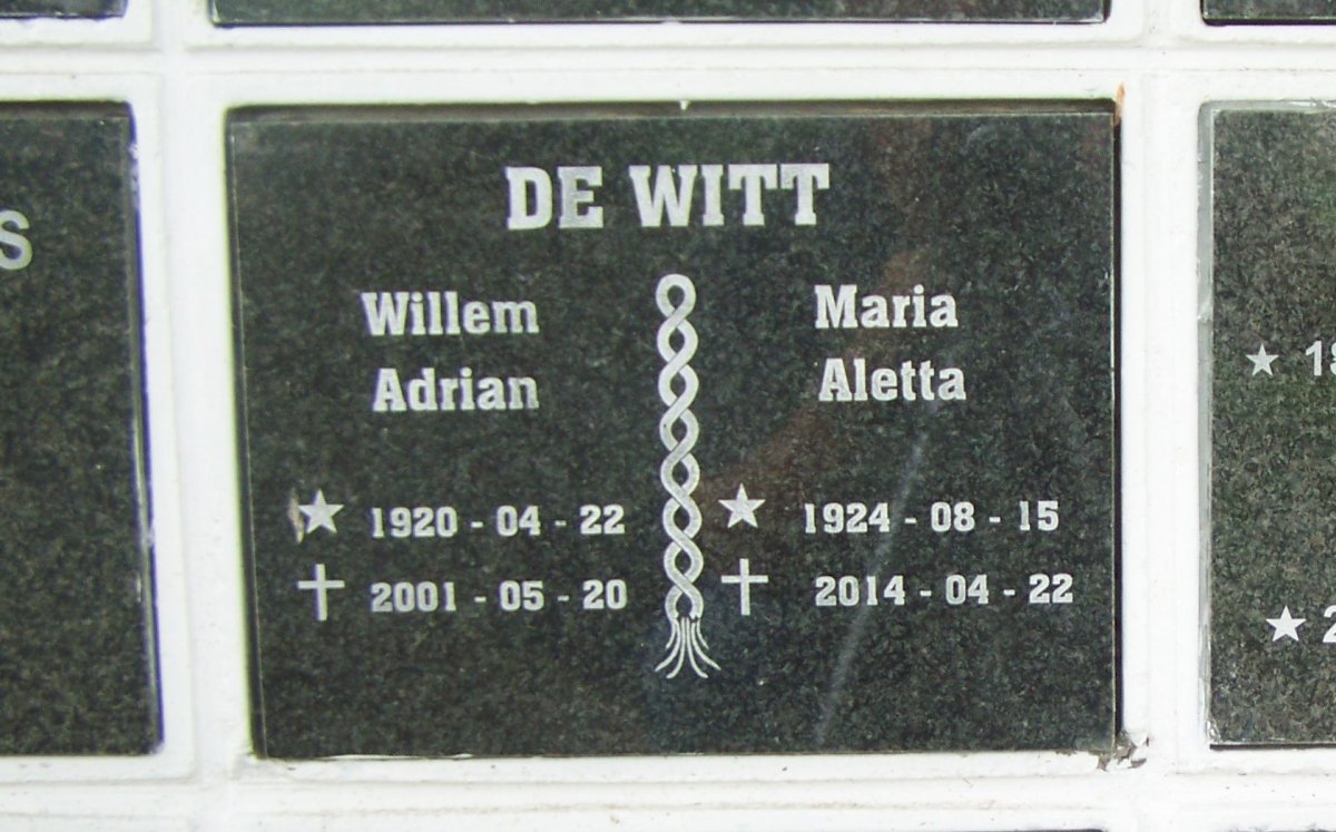 WITT Willem Adrian, de 1920-2001 &amp; Maria Aletta 1924-2014