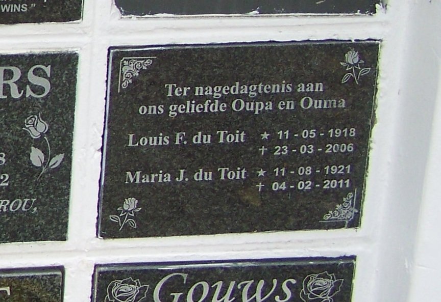 TOIT Louis F., du 1918-2006 &amp; Maria J. 1921-2011