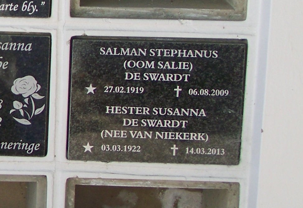 SWARDT Salman Stephanus, de 1919-2009 &amp; Hester Susanna VAN NIEKERK 1922-2013