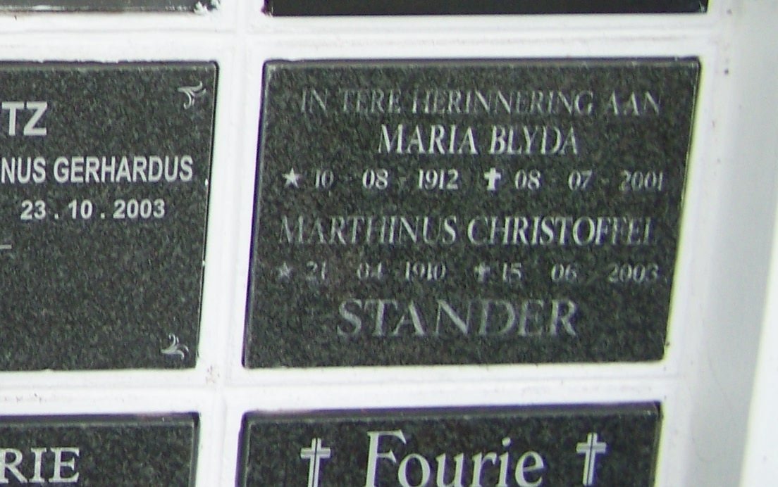 STANDER Marthinus Christoffel 1910-2003 &amp; Marla Blyda 1912-2001