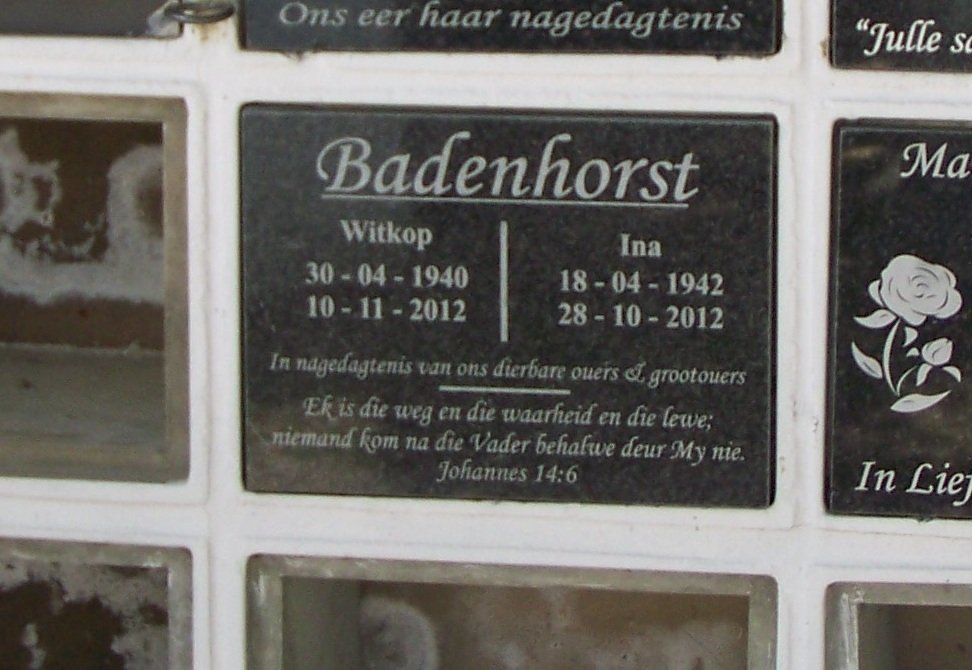 BADENHORST Witkop 1940-2012 &amp; Ina 1942-2012