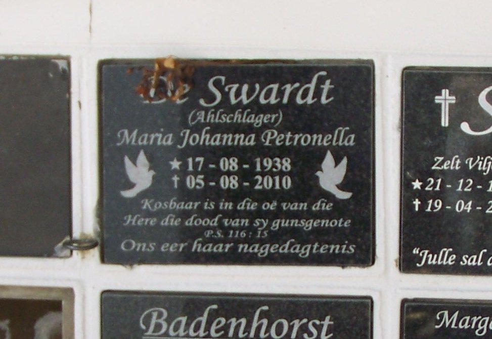 SWARDT Maria Johanna Petronella, de nee AHLSCHLAGER 1938-2010