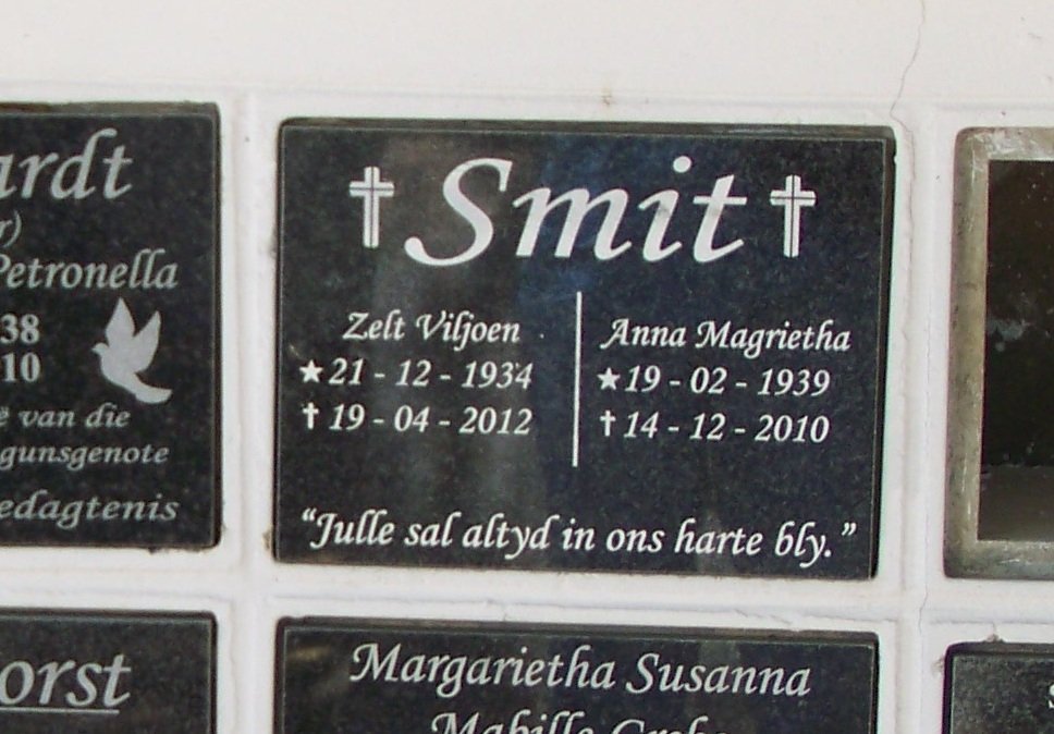SMIT Zelt Viljoen 1934-2012 &amp; Anna Magrietha 1939-2010