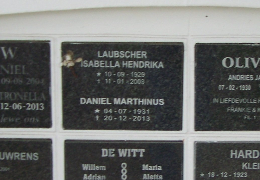 LAUBSCHER Daniel Marthinus 1931-2013 &amp; Isabella Hendrika 1929-2003
