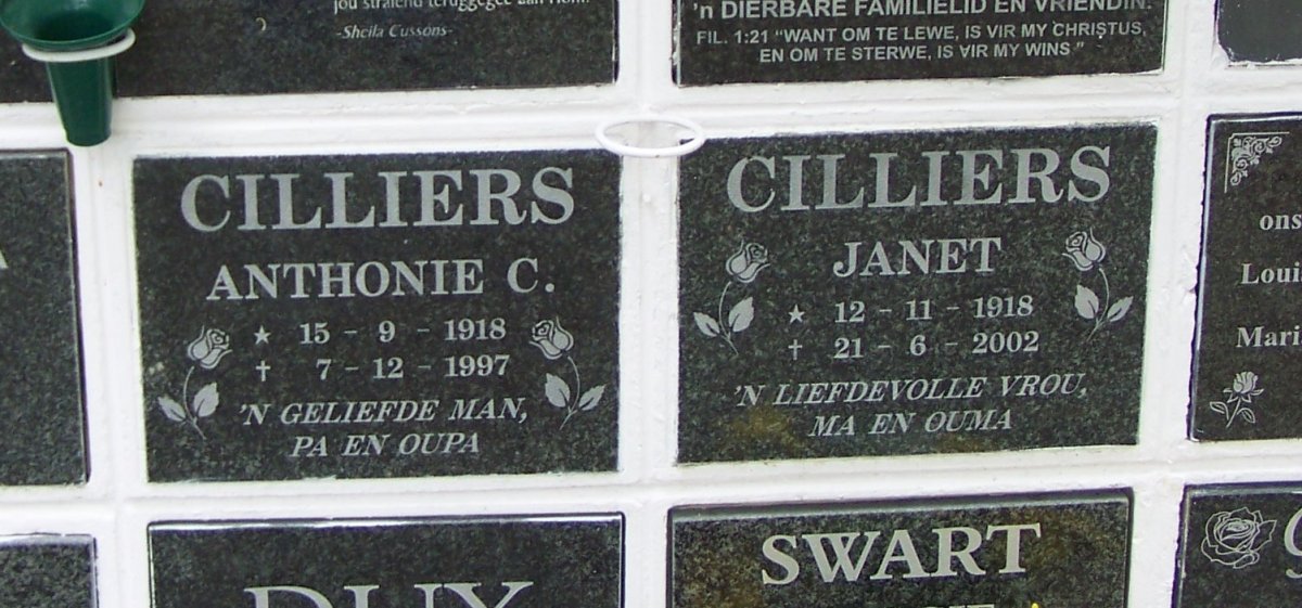 CILLIERS Anthonie C. 1918-1997 &amp; Janet 1918-2002
