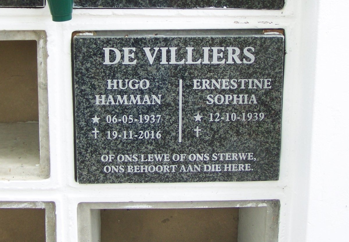 VILLIERS Hugo Hamman, de 1937-2016 &amp; Ernestine Sophia 1939-